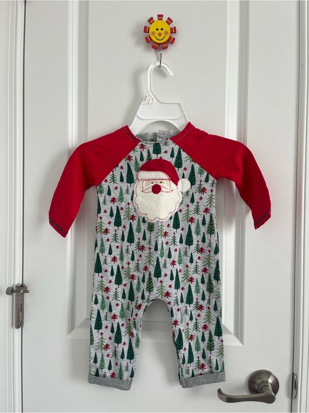 Mud Pie Red Sleeve Santa Tree-Print One-Piece Bodysuit